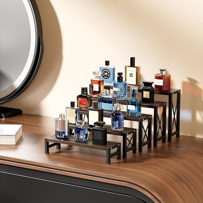 Stackable Wooden Cologne Organizer for Men, 5-Tier Tray Risers Display Makeup Perfume Organizer for Women, Wood Cupcake Stand, Buffet Shelf, Dessert Food Risers, Figure Collectible Stand