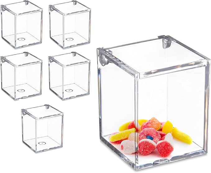 Hammont Clear Acrylic Box with Hinged Lid – Small Plastic Organizer for Office, Desk, Makeup, Crafts, Cotton Balls, Jewelry & More | 2.5"x2.5"x3" (6 Pack)