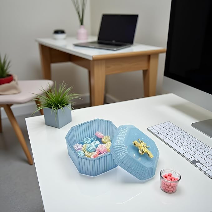 Cute Glass Candy Box - Glass Jar with Lids for Storage Candy Cookie, Vintage Candy Jar Candy Dish for Office Desk Buffet,3.34x3.34x2.68 H IN-GRB020-Blue