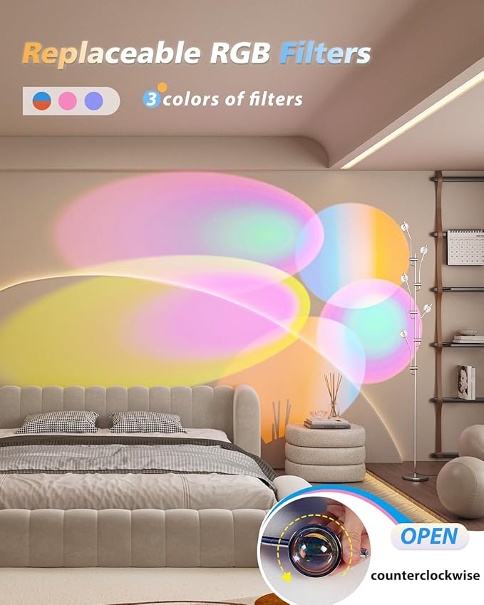 DENGALA Halo Projector Floor Lamp - 4000K LED Multi Head Floor Lamp with RGB Filters - Sunset Projection Ambient Lighting - Mood Corner Lamp for Bedroom,Living Room - Chrome
