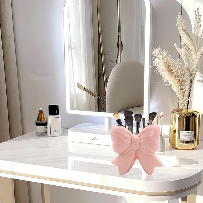 Pink Bow Ceramic Vase Contemporary Design Decorative Pink Bow Decor Vase Pen Holder Makeup Brush Holder Women Gift for Mother's Day Home Office Shelf Table Living Room