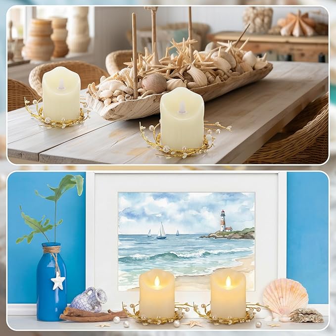Daifunli 2 Pcs Pearl White Berry and Pip Gold Wire Candle Rings Vintage Pip Berries Wreaths for Pillar 3.9 Inch Candles Holder for Summer Ocean Beach Rustic Table Centerpiece Decor