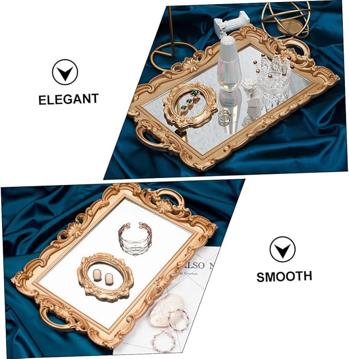 INOOMP Vintage Mirror Tray Decorative Makeup Organizer Tray Golden Rectangular Plastic Cosmetic Storage Plate for Home Décor and Photography Props