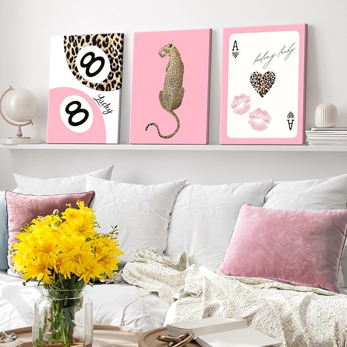 Set of 3 Trendy Pink Leopard Canvas Wall Art Cheetah Lucky 8 Ball Posters Prints Preppy Cheetah Aesthetic Wall Decor Pictures for Girly Bedroom Apartment Dorm Decoration 12x16in