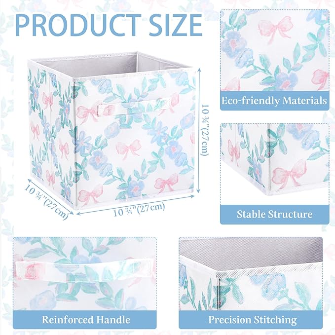 Geelin 6 Pcs Blue Floral Bow Cube Storage Bins 11 Inch Blue Flower Storage Basket with Handle, Preppy Girls Organizer Basket, Collapsible Fabric Box for Classroom Bedrooms Office Home Decoration Gift