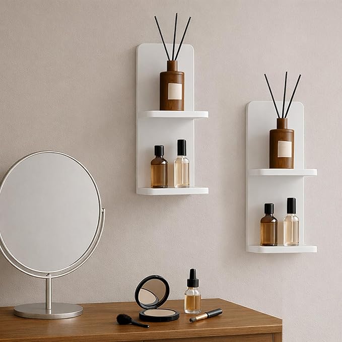 Floating Wall Shelves Set of 2, White Solid Wood Double Layer Wall Mounted Shelf, 20 x 8 x 6 Inches, Modern Storage for Bedroom, Bathroom, Kitchen, Home Decor, Plants & Cosmetics