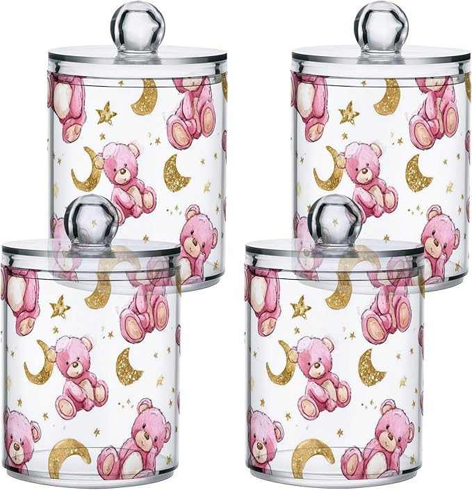 2 Pack Apothecary Jars Teddy Bear Celestial Pink Bathroom Vanity Storage Organizer Set,Small Clear Plastic Storage Jars Bathroom Canister for Cotton Swabs, Rounds, Balls, Qtips,Makeup Sponges,