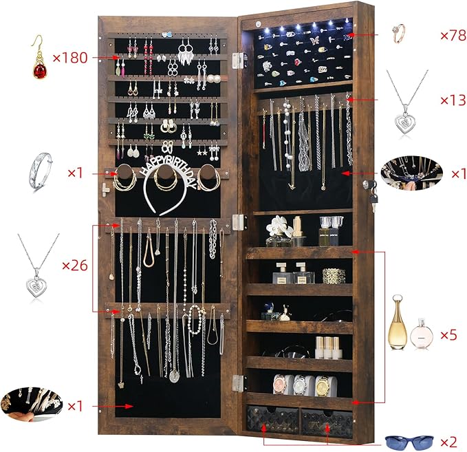 LED Jewelry Cabinet Armoire Organizer,Wall/Door Mount Jewelry Organizer and Storage with Full-Length Mirror Hanging Jewelry Organizer Full Length Mirror with Storage Large Capacity