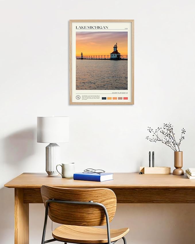 HesenDot Natural OAK Wood Lake Michigan Framed Wall Art,12x16in Lighthouse Sunset Canvas Wall Print,Classic Urban Coastal Lake Wall Decor for Living Room Bedroom Office Gallery, Set of 1