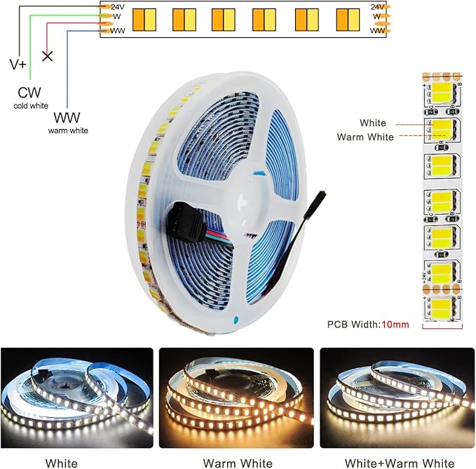 24V 2 in 1 LED Strip Lights, 16.4ft CCT Cold White + Warm White, Color Temperature Adjustable (2800K to 6500K) Light Strips IP20 Total 600 LEDs for Bedroom, Kitchen, Advertising Decoration