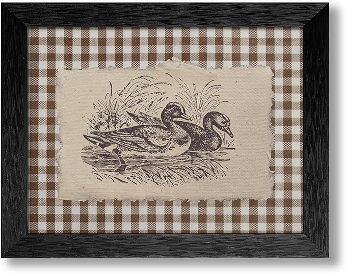 Nature Duck Animal Poster 08x10 inch Black Framed Vintage Brown Gingham Canvas Wall Art Rustic Cottagecore Pond Prints for Country Farmhouse Wall Decor
