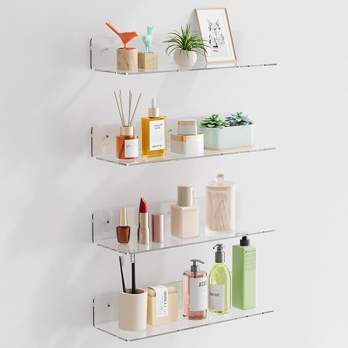 HANGE 4-Pack Clear Acrylic Floating Shelves, 12" Invisible Wall Mounted Shelves – Space-Saving Storage for Kids’ Books, Bathroom, Bedroom, Kitchen, Living Room – Modern Display Organizer