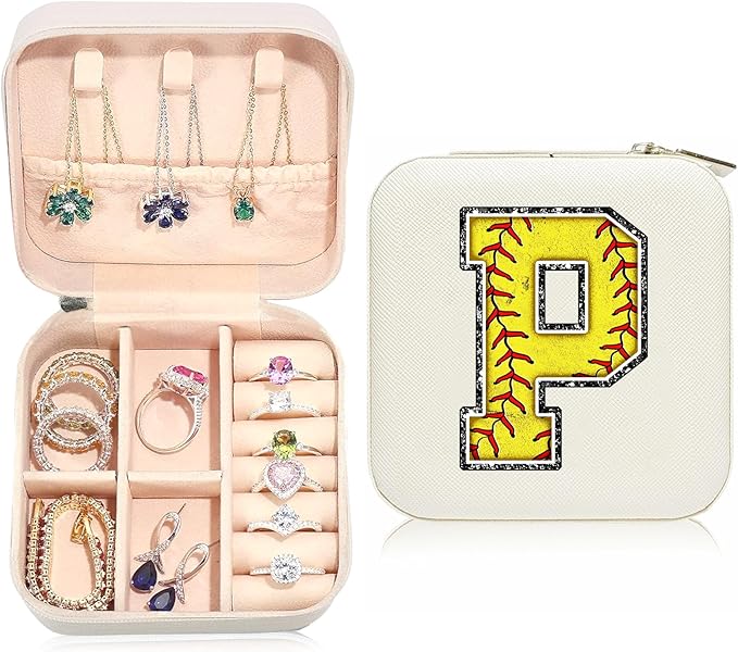 Softball Initial P Travel Jewelry Case,Valentine's Day Gift Softball Gifts for Teen Easter,Jewelry Box Personalized Softballs Accessories Letter Birthday Gifts for Players Coach Team Mom