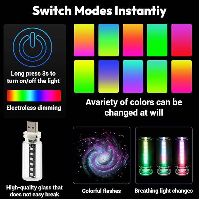 Car USB Light Bulbs, Retro Glass Bottle LED Night Lamp with Touch Control, 13 Modes & 7 Colors, Portable Interior Car Lights for Vehicle, Bedroom, Camping, Party Decor,2PCS