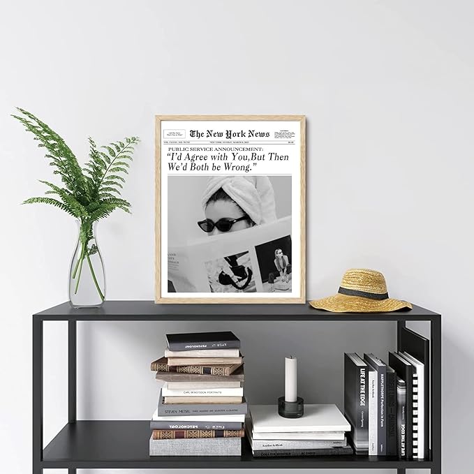 Bwodke OAK Wood Framed Wall Art News Canvas Art Cool Girl Pictures Magazine Bar Cart Wall Decor Vintage Prints Trendy Newspaper Artwork for Girly Dorm Bedroom 16"x20"