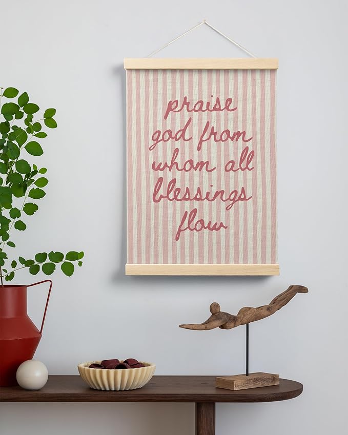 FGFK Trendy Pink Christian Wall Art Poster Hanger Frame, Trendy Striped Praise God From Whom All Blessing Flow Bible Verse Scripture Canvas Prints Framed Wall Decor for Room Home Dorm, 12x16 Inch