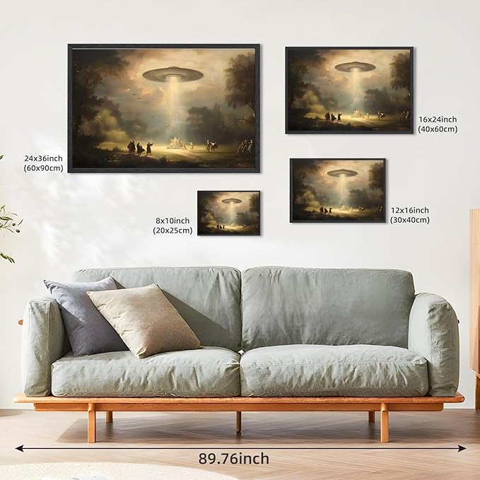Vintage UFO Landscape Canvas Art Whimsical Farmhouse Wall Decor Retro Victorian Nature Painting Rustic Aesthetic Poster 24X36inch Black Framed