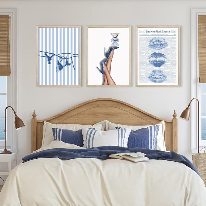 Blue Coquette Wall Art Decor Preppy Trendy Aesthetic Posters Funky Retro Y2k Canvas Wall Art Decor Blue Bow Bikini Lips Prints Girly Room Artwork for Dorm Bedroom 12x16 Inch Wood Framed Set of 3