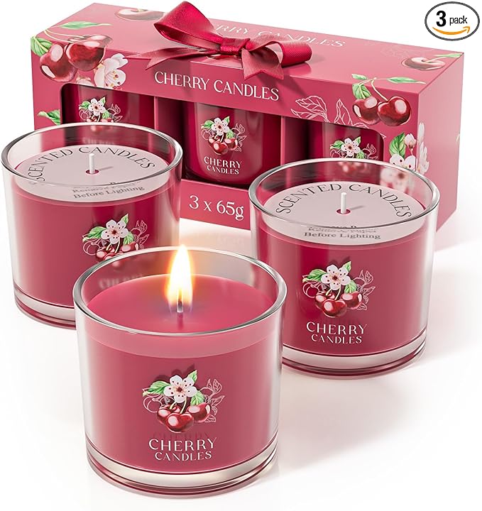 CHILLFLAME Cherry Candle, Scented Candles Gifts for Women, Candles Gift Set for Her, 3 Scented Votive Candles, Birthday Gifts for Women/Men (Red, 7 oz)