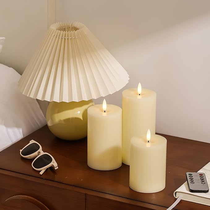 Stmarry Ivory Flameless Candles with Remote and Timer, Real Wax Made LED Pillar Candles Battery Operated with 3D Flickering Flame - 3" x 4",5",6" - Set of 3