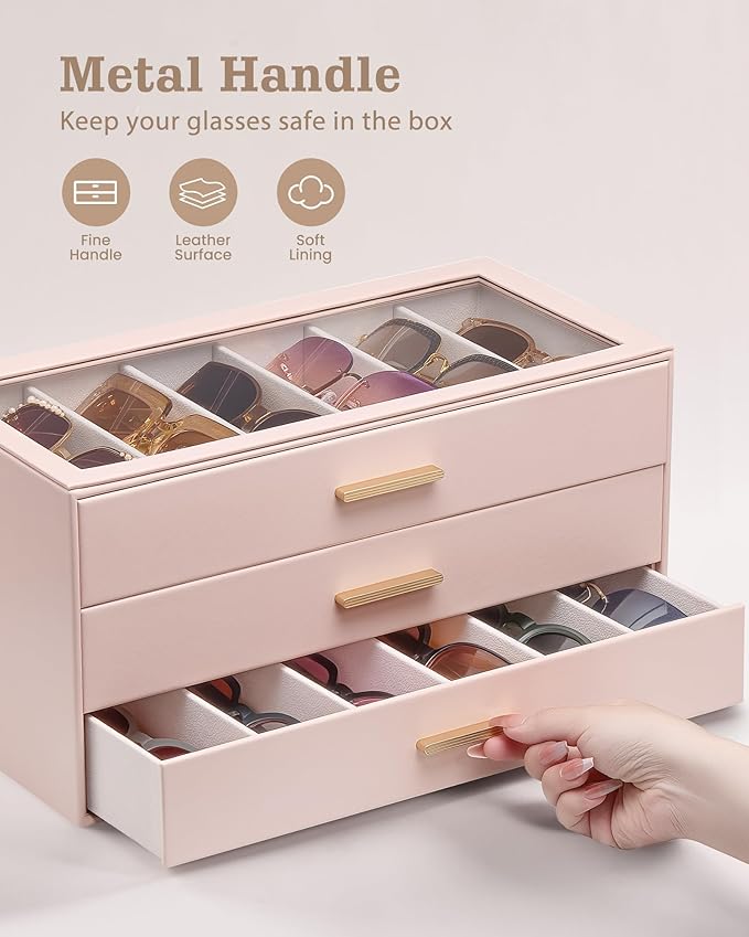 Lolalet Sunglasses Storage Box for Women, Eyewear Eye Glass Organizer with Clear Top Display Holder Case, Mothers Day Gifts