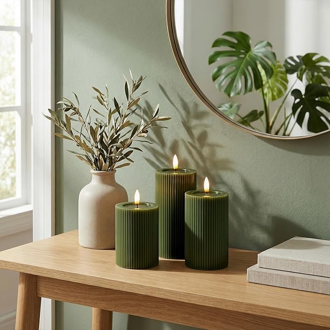 Fluted Ribbed LED Pillar Candles, Loden Green, with Reflective Melted-Wax Effect – Flickering Flame, Remote, Dimmable, Flameless, Battery Operated, Home & Wedding Decor (Set of 3)