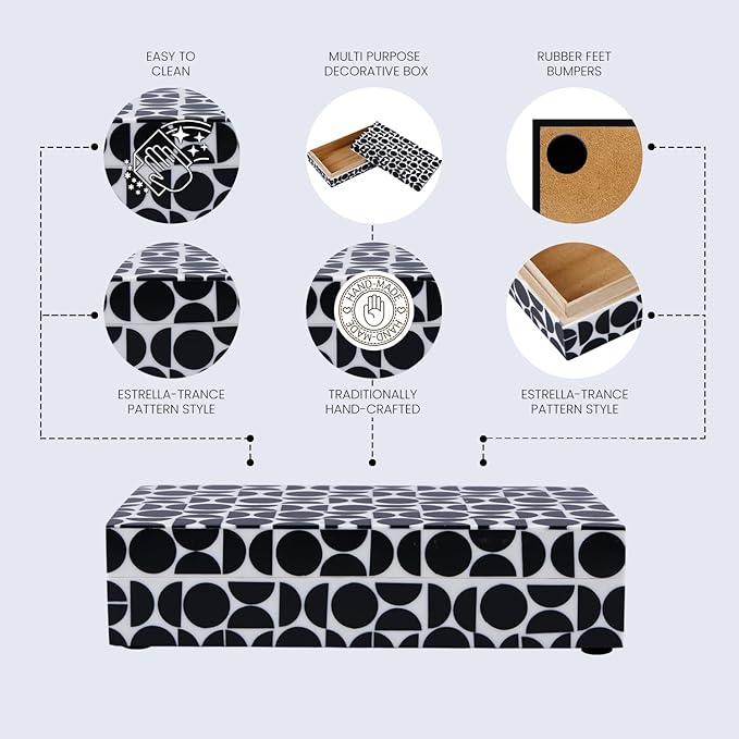 Handicrafts Home Large Decorative Storage Box with Lid – 8x5x2” Coffee Table Organizer, Keepsake- Decorative Boxes for Home Decor, Stylish Decorative Box for Office Decor- Geopop- Black White