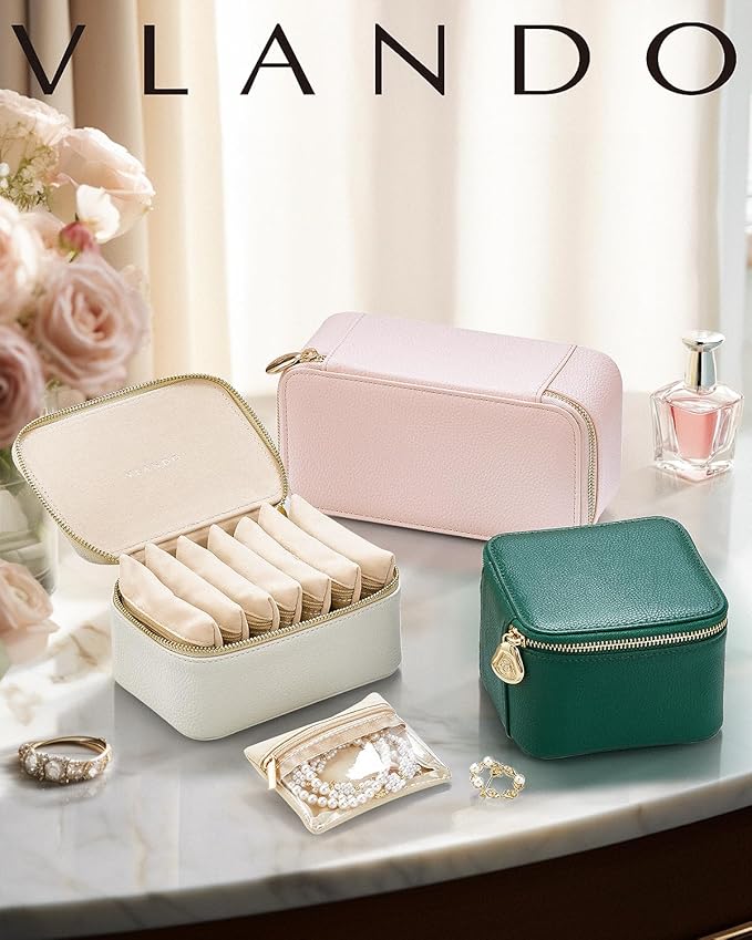 Vlando Jewelry Travel Case,Travel Jewelry Organizer with Clear Velvet Jewelry Bags Zipper Pouch for Women Girl Gift- 8Pcs White