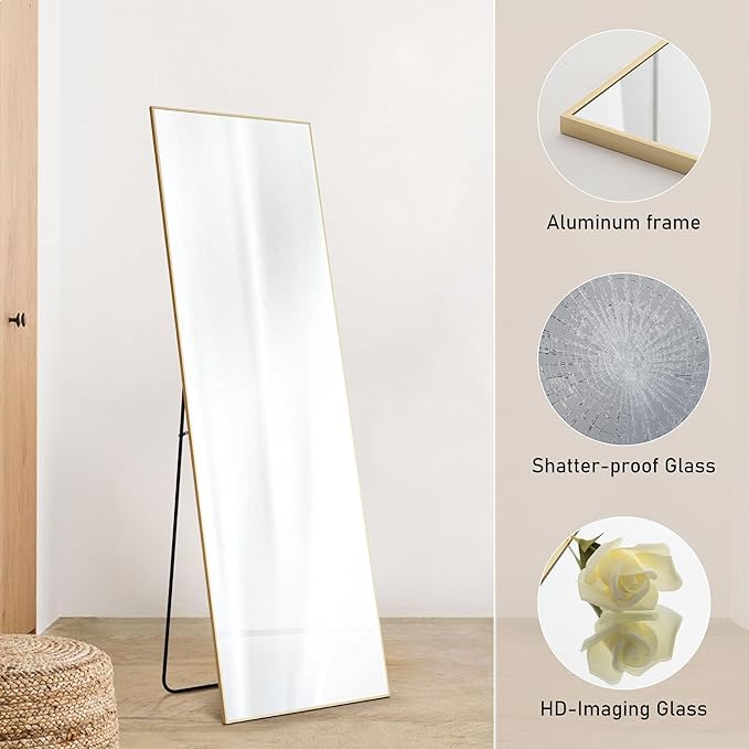 OLIXIS Full Length Mirror for Bedroom, 56"x21" Full Body Mirror with Stand, Hanging or Leaning for Wall, Aluminum Alloy Thin Frame Floor Standing for Living Room, Long, Gold