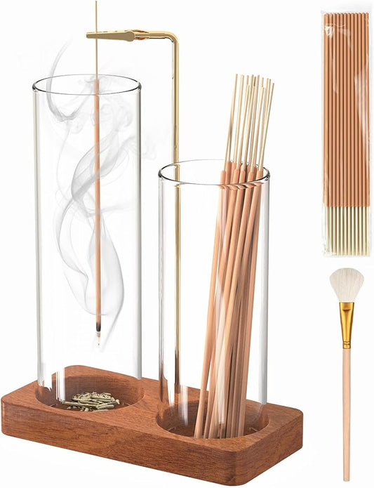 Incense Holder with 7.8" & 5.9" Glass Jars, 2 in 1 Incense Sticks Holder & Ash Catcher, Upside Down Incense Burner with Storage for Meditation, Yoga, Spa, Home Decor, with 20 Incense Sticks & Brush