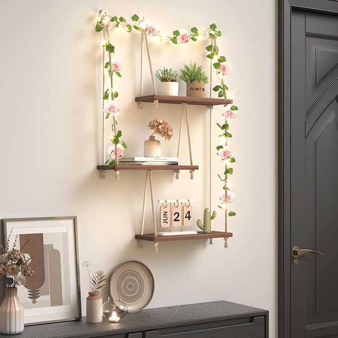 REFGY Hanging Shelves for Wall, 3 Tier Boho Hanging Plant Shelf, Floating Shelves Rope Rustic Wood Organizer Storage Hanger Rack for Aesthetic Home Bedroom Kitchen Bathroom (Champagne Flower)