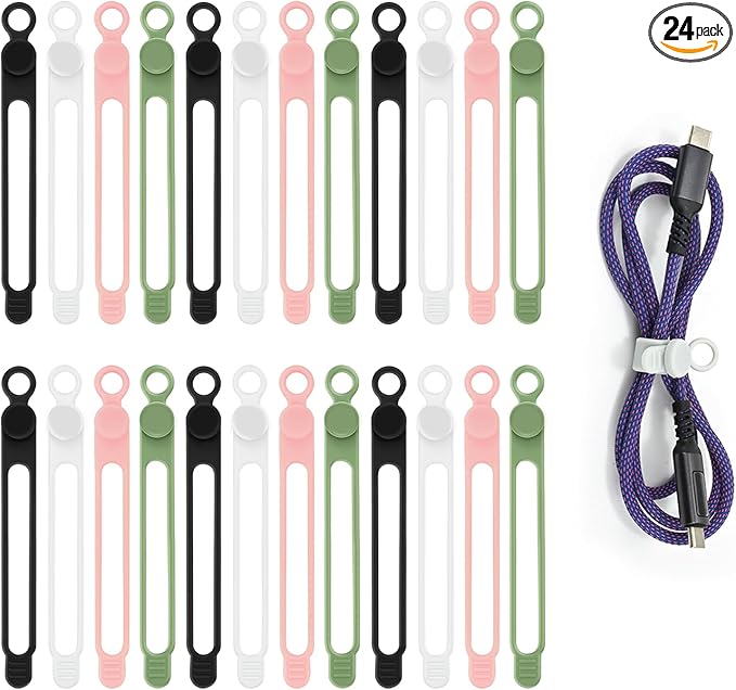 Silicone Cable Organizer Ties, Reusable Elastic Cord Ties for Charging Cables, Electrical Cords Computer Wire Organization(24Pcs, 4Colors)