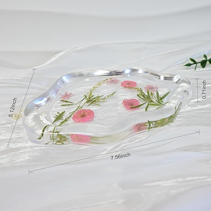 Britrio Resin Casting Dried Pressed Flowers Decorative Tray Trinket Dish Cute Cloud Vanity Jewelry Plate Holder for Women Necklace Earring Ring Key Makeup Organizer Home Decor Aesthetic 7.56''x5.12''