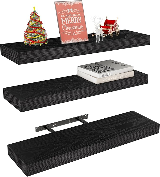 Vervida Black Floating Shelves for Wall, 24" Rustic Wood Deep Wall Mounted Shelves with Invisible Brackets for Decor & Storage, Floating Shelf for Living Room, Bathroom (Set of 3)