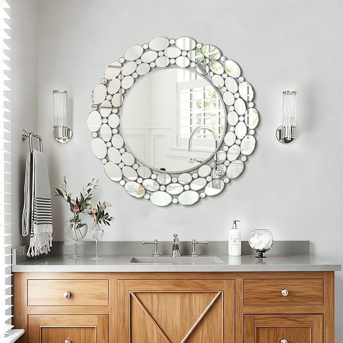 32" Large Round Wall Mirrors, Modern Silver Mirror for Wall Decor, Elegant Decorative Mirror for Entryway, Living Room, Bedroom, Bathroom, Dining Room