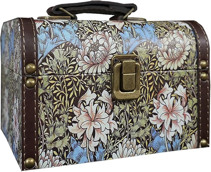 Vintage Decorative Storage Box with Handle, Retro Floral William Morris Keepsake Organizer Chest for Jewelry, Trinkets, Gift Packaging and Home Decor, 7 x 5.6 x 4.7 Inch