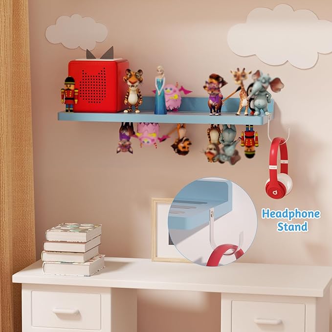 for Tonies Shelf Magnetic - Tonies Figure Organizer for Kids Room, Wooden Magnetic Display Shelf for Tonies Box Holder, Wall Floating Shelves Toy Storage Compatible Charging Station (1 Tier, Blue)