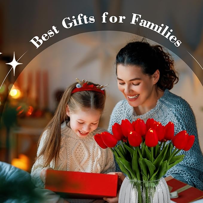 HOMESEASONS Lighted 20pcs LED Lighted Fake Flowers Artificial Tulips Real Touch Tulip Bouquet 15" Faux Tulips for Easter Decor Spring Decor Mother's Day Home Kitchen Wedding Decorations (Red)