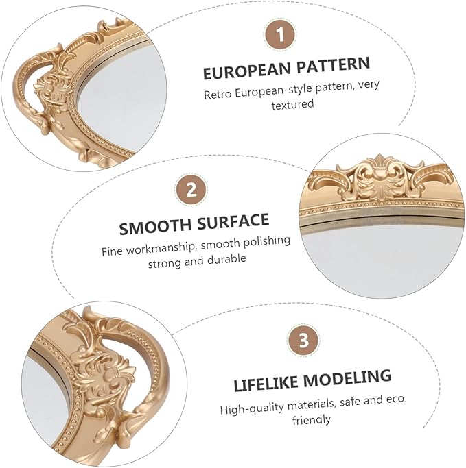 Generic Vintage Retro Mirror Tray Decorative Storage Plate for Jewelry and Perfume Elegant European Style Makeup Organizer Tray for Vanity and Dresser Delicate High-Texture Oval Mirror