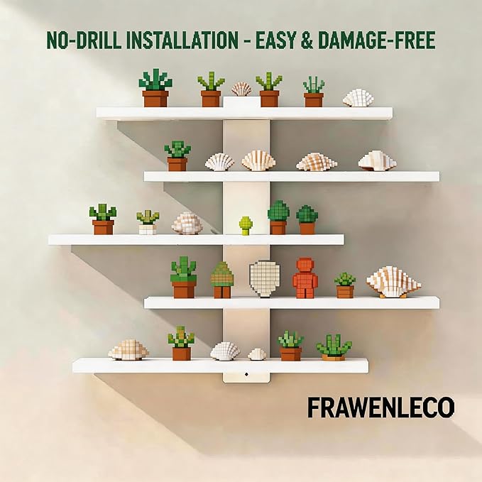 No Drill Floating Shelf for Wall, 5-Tier Wall Mounted Organizer, Damage-Free Display Shelf for Collectibles, Figures, Bathroom Kitchen Storage, White
