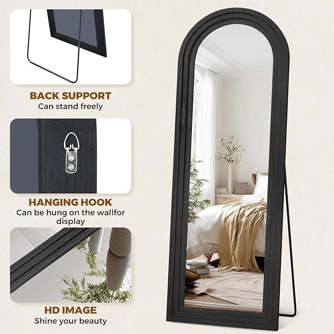 65"x22" Arched Floor Mirror, Solid Wood Full Length Mirror - Free Standing & Wall Mounted - Elegant Design for Bedroom, Dressing Room, Hallway, Black