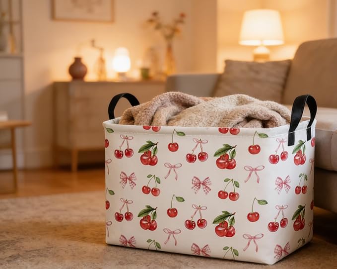 Essme Rectangular Kids Baskets,Cherry Storage Box,Cute Basket for Kids with Handles for Room Decor, Book Bins,Shelf Basket.(Cherry)