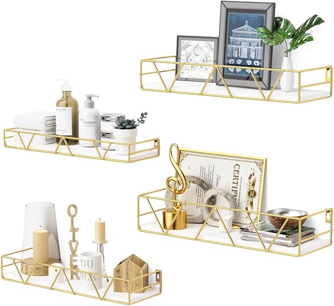 Amaoot Floating Shelves Set of 3, Home Wood Wall Shelf, Farmhouse Shelf for Bedroom, Wall Mounted Floating Shelf for Living Room, Bedroom, Bathroom, Kitchen, Office (Gold-4pcs)