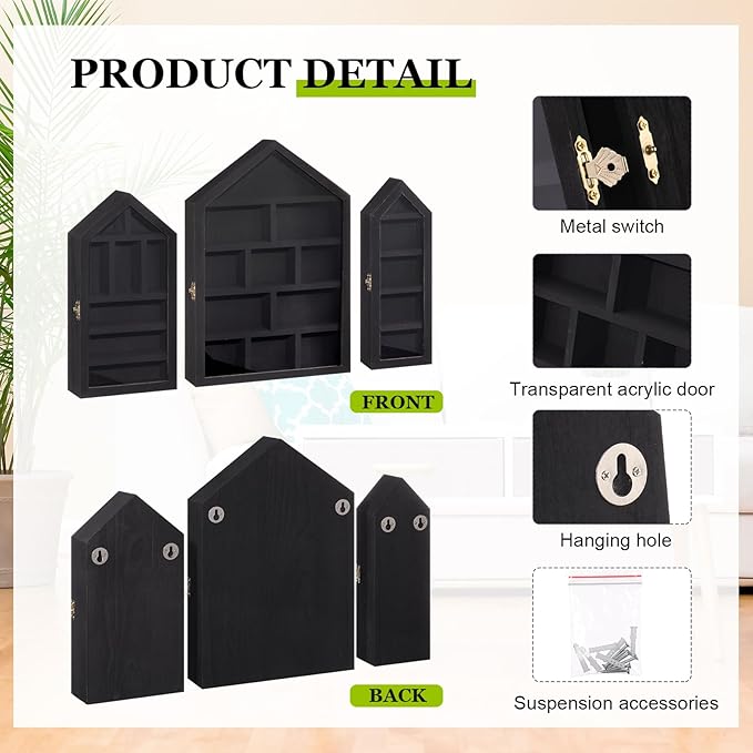 DoubleFill Set of 3 Wooden Trinket Display Shelf Shadow Box with Shelves 10 x 15 Inch Large Wall Mounted Display Storage Mini Figures Curio Trinket Medals Crafts Collections(Black,House Shape)