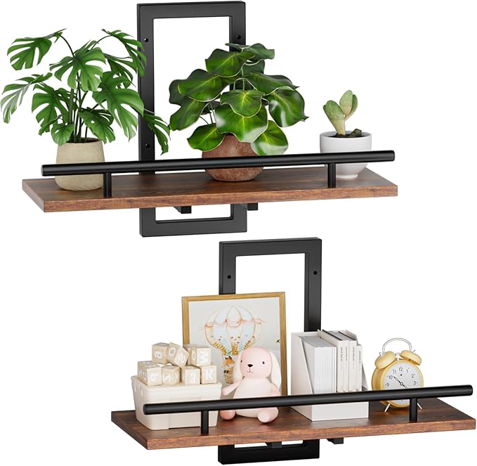 Sbosbo Floating Shelves for Wall to Hold Plants and Small Decor, 15.8 Inch Wall Mounted Shelves Set of 2, Easy to Mount Book Shelf for Bedroom, Living Room, Bathroom, Kitchen, Rustic Brown