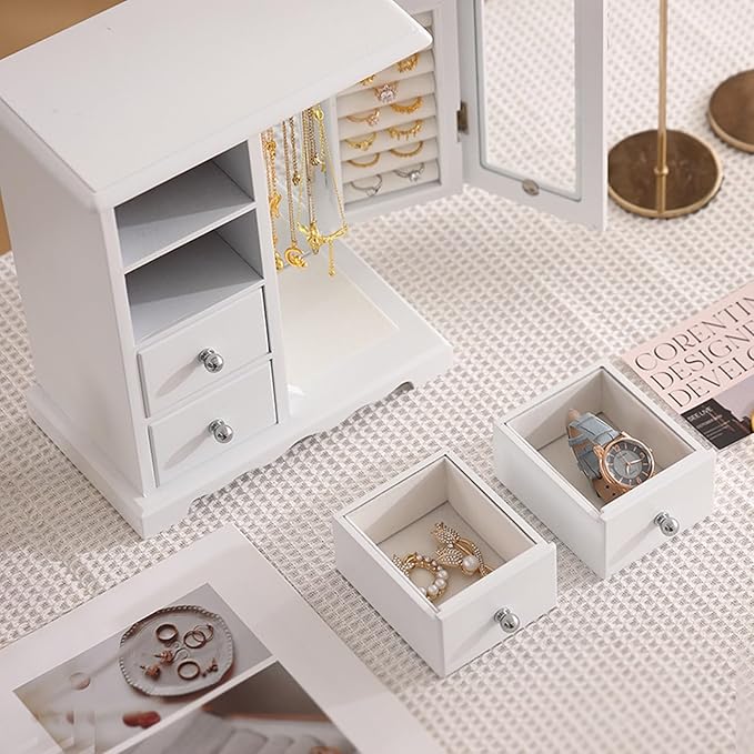 Wooden Jewelry Box, Solid Jewelry Organizer Makeup and Organizer Women Ring Storage with 4 Drawers, Wood Jewelry Case with Mirror for Necklaces Earring Rings, White