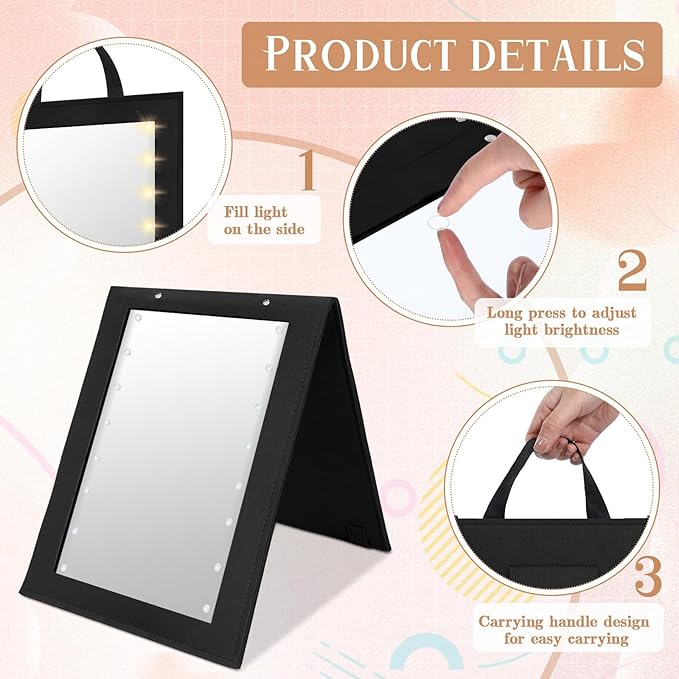 1 Pack Foldable Full Length Travel Mirror with Full Light 25.2x11.8 Inch Foldable Hanging Backstage Mirror LED Double Side Lights for Travel Camping Dance Competition Home Fitness Gift(Black)