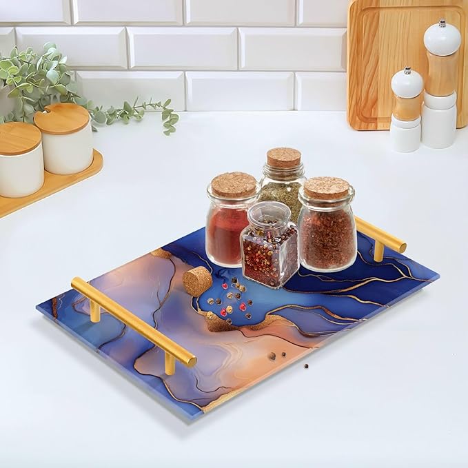 Marble Royal Blue Peach Decorative Rectangular Tray with Handles Trays for Coffee Table for Jewelry Perfume for Modern Serving bandeja para desayuno personalizado
