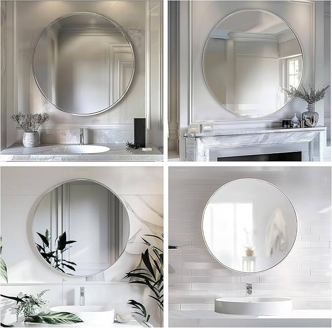 Sunniry Silver Round Mirror 18 inch, Silver Circle Mirror, Circle Bathroom Mirrors Metal Frame, Round Mirrors for Wall, Bathroom, Vanity, Bedroom.