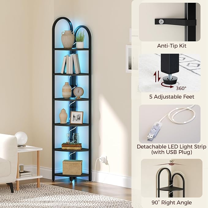MAHANCRIS 6 Tier Corner Shelf with LED Light, 74.6'' Tall Corner Bookshelf Stand, Narrow Display Bookcase with Storage Rack for Wall Corner, Living Room, Bedroom, Small Spaces, Black CSBK66101
